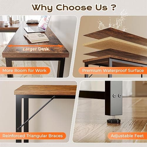 Huuger 63 Inch L Shaped Desk with Power Outlets & 0.95 Inch Thicker Desktop | Reversible Computer Desk, Larger Office Corner Gaming Desk, Metal Frame, for Home Office, Study, Rustic Brown thumbnail 8