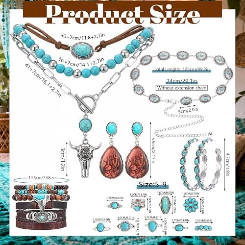 Zhamate Western Jewelry Set - Boho Turquoise Dangle Earrings Necklace Faux Leather Bracelet Ring with Concho Belt for Women thumbnail 6