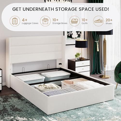 SHA CERLIN Full Size Lift Up Storage Bed/Velvet Upholstered/Modern Wingback Headboard/Upholstered Platform Bed Frame/Hydraulic Storage/No Box Spring Needed/White thumbnail 4