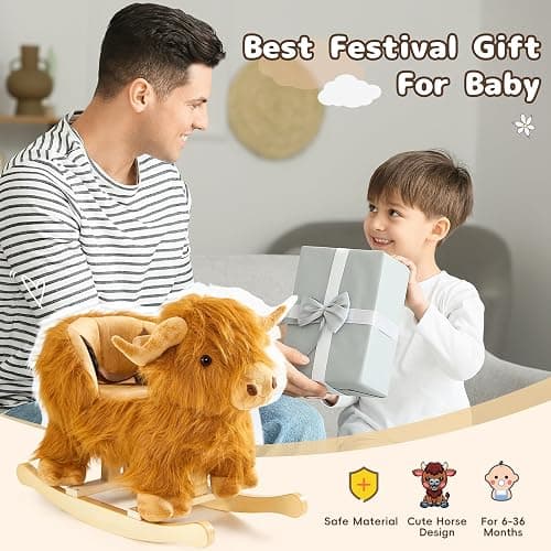 Baby Rocking Horse,Highlander Cattle Wooden Rocking Horse for Toddlers 1 Year Old Cute Cow Stuffed Plush Ride-on Toy Rocking Animal for Baby Boys and Girls Nursery/Child Christmas or Birthday Gift thumbnail 9