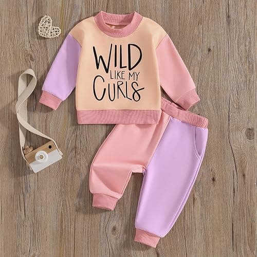 WZTYYDS Toddler Baby Girl Clothes 1T 2T 3T 4T 5T Fall Winter Outfits Contrast Color Long Sleeve Sweatshirt + Pants Sets thumbnail 3