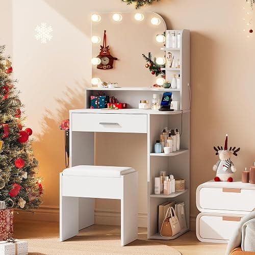 wanan Makeup Vanity with Chair, Small Vanity Desk with Mirror and Lights 3 Colors, Girls Vanity Set with Power Outlet, Compact Vanity Table for Small Space, White - Image 1