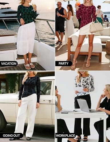 ZESICA Womens Floral Long Sleeve Shirts 2025 Fall Boat Neck Mesh Ruched Tops Fitted Asymmetrical Going Out Blouses thumbnail 6