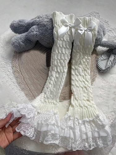 RoseSeek Women's 1 Pair Y2K Bow Front Lace Trim Leg Warmers Ribbed Knit Over Knee Pile Leg Warmers Long Socks thumbnail 4