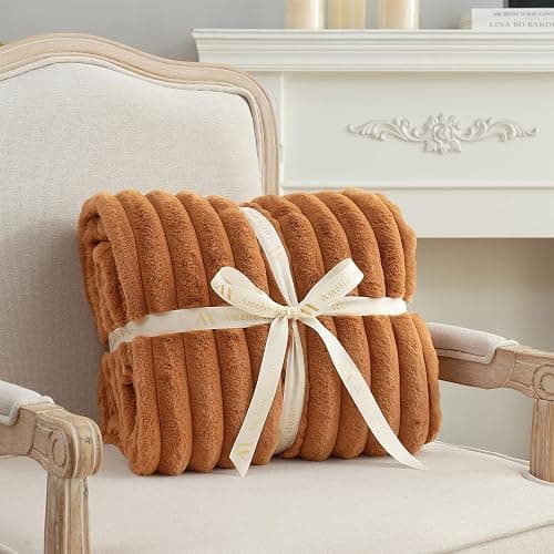 Amélie Home Faux Fur Throw Blanket for Couch, Cozy Fuzzy Fluffy Fur Luxurious Soft Striped Plush Gift Blankets for Family Sofa Chair Bedroom, 55"x70", Orange Brown thumbnail 5