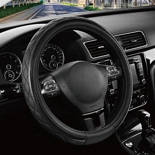 Road Comforts Leather Steering Wheel Cover – Black & Black, Universal Fit 14.5-15 Inch, Microfiber Leather, Anti-Slip & Breathable Design for Men and Women - Image 1