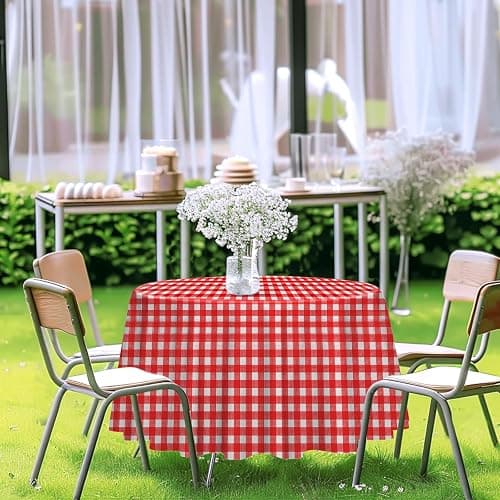 RINDOJIN 2 Pack Red Gingham Tablecloth Round 84 x 84 Inch Round Plastic Checkered Table Cloth Disposable Plaid Table Cover for Picnic Party Birthday Wedding Baby Shower Christmas Circle Red Tablecloth thumbnail 4