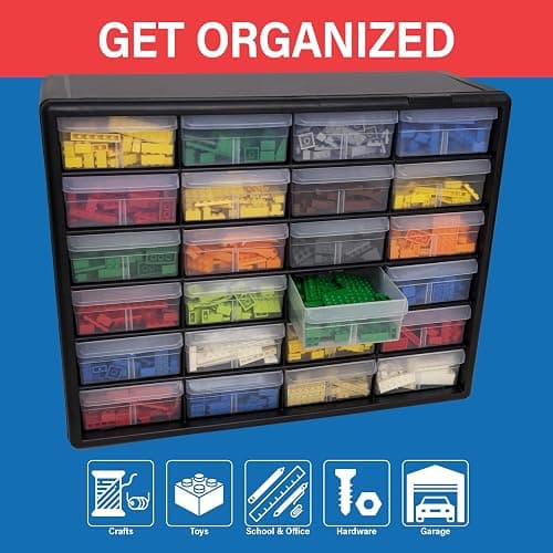 Akro-Mils 24-Drawer Plastic Drawer Storage Cabinet for Garage Organization, Bead Organizer, Building Bricks Storage, Teacher Toolbox, Makeup Organizer, 20" W x 6" D x 16" H, 10124 Black thumbnail 4