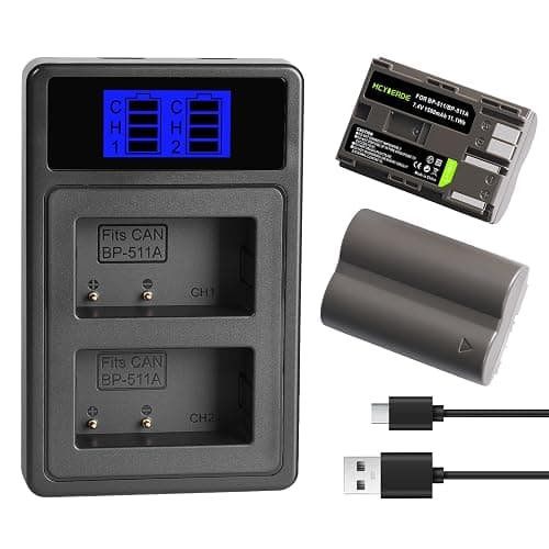 2 Pack BP-511 BP-511a Battery and Dual Slot Charger for Canon Cameras | Compatible with Canon EOS 20D 20Da 30D 5D 10D 40D 50D D60 300D Digital cameras - Image 1