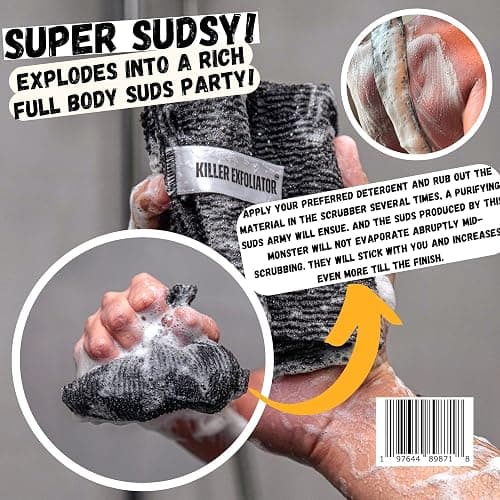 Extra Rough Exfoliating Washcloth-Extreme Body & Back Scrubber for Shower, Extra Long, Hygienic Rough Exfoliator, Men & Women, 2 Count Pack, Black & Grey, Killer Exfoliator thumbnail 3