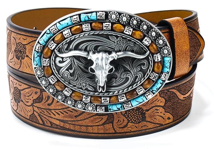 Western-Cowboy-Leather-Belts for Women Turquoise-Oval-Buckle Embossed Cowgirl Belt for Jeans Pants Fit for 27"-41" - Image 1