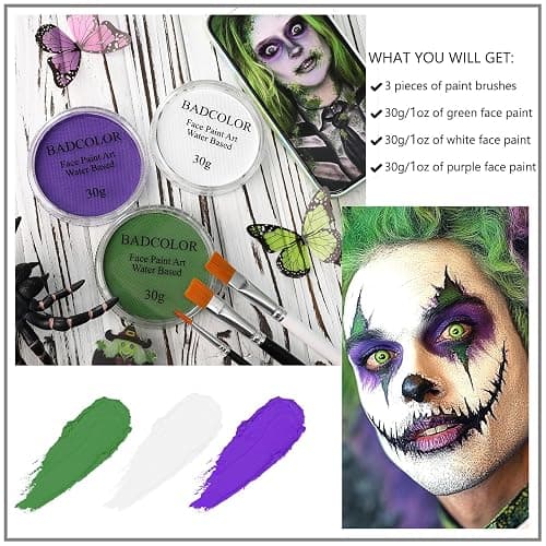 White Green Purple Face Body Paint, Face Painting Kit with Brushes for Beetlejuice & Frankenstein Halloween Makeup, Facepaints for Witch Ursula Maleficent Costume Cosplay & Monster Skeleton SFX Makeup thumbnail 2