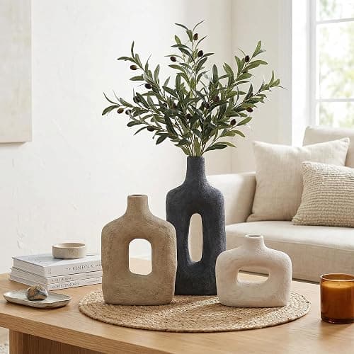 DREAMLOOM Ceramic Vase Set of 3, Modern Rustic Flower Vases for Pampas Grass, Dried & Fresh Flowers, Farmhouse Decorative Vase for Living Room Bedroom Kitchen Shelf Centerpiece, Black thumbnail 8