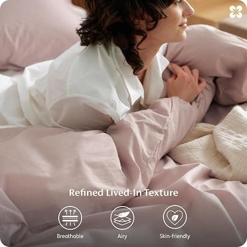 Bedsure PureWoven 100% Washed Cotton Duvet Cover Set, Queen Size, 3-PC | Linen Like Texture, Percale Breathable Bedding Set for All Seasons, Zipper Closure, 8 Corner Ties, Petal Pink, 90" X 90" thumbnail 5