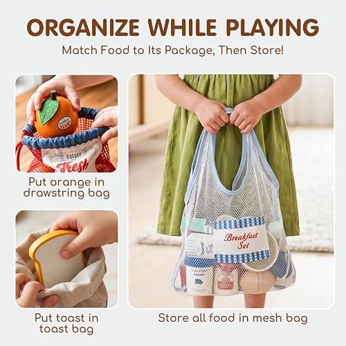 Lehoo Castle Wooden Play Food Set - Montessori Cutting Fruit Egg Bread, Pretend Breakfast Food Toys for Kids Kitchen, Educational Toddler Toys 3-5 Years, with Storage Bag, Birthday Gift for Boys Girls thumbnail 4