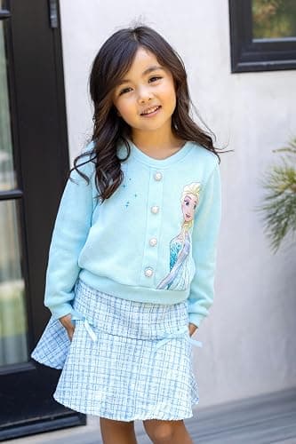 Disney Frozen Elsa Stitch Princess Moana Minnie Toddler Girl 2 Piece Outfit Kid Pearl Button Knit Top & Tweed Skirt Set 2-13Y thumbnail 6