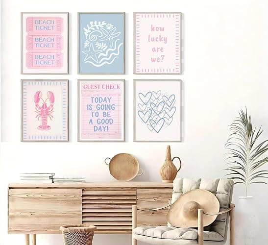Pink Blue Beach Preppy Wall Art Coastal Granddaughter Aesthetic Summer Picture Wall Decor Trendy Beach Ticket Starfish Poster Lucky Heart Painting Print Artwork for Girly Room Dorm Apartment, Unframed thumbnail 3