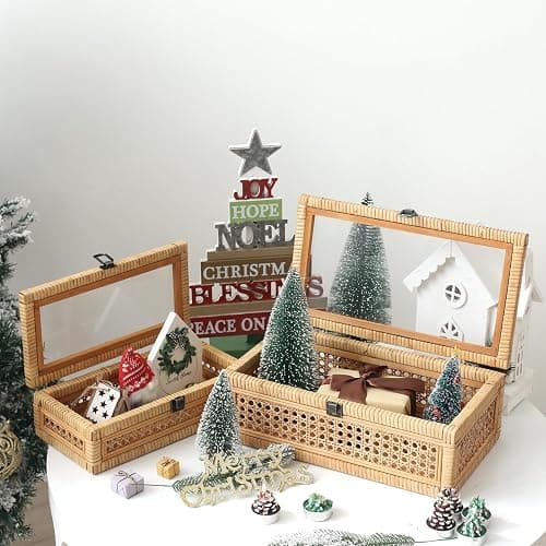 DECOR4SEASON Rattan and Cane Stacking Boxes with Glass Top Lid - Set of 2 for Boho, and Rustic Farmhouse Decor thumbnail 10
