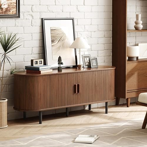 ONBRILL 55" TV Stand with Power Outlet for TVs up to 60 Inch, Entertainment Center with Storage and Adjustable Shelves, Modern Media Console with Sliding Doors for Living Room, Walnut thumbnail 8