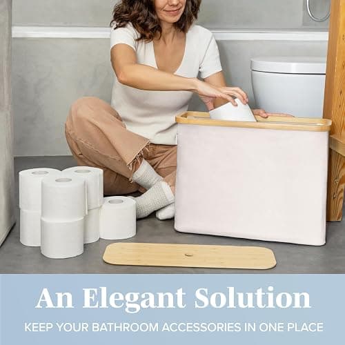 LONBET Toilet Paper Storage for 12 Rolls, Stackable & Foldable - The Ultimate Bathroom Organizer - Waterproof Basket with Bamboo Lid - Elegant Toilet Paper Storage Holder, Beige thumbnail 4