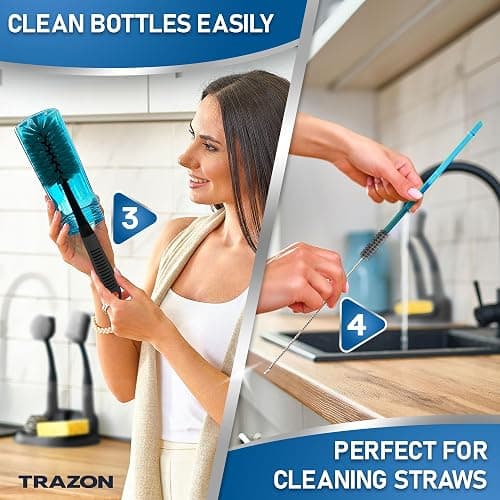Dish Brush Set of 5 with Holder - Kitchen Scrub Brushes with Non-Slip Long Handle for Cleaning, Scrubber, Dishwashing, Dishes, Bottles, Straws, Cups, Pots & Sink, Black thumbnail 4