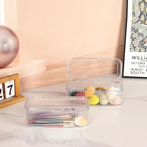 JessLab Makeup Brush Holder Organizer, Clear Makeup Sponges Organizer, Cosmetic Storage Case with Lid Display Case for Vanity, 1 Compartment (2 Pack) thumbnail 2