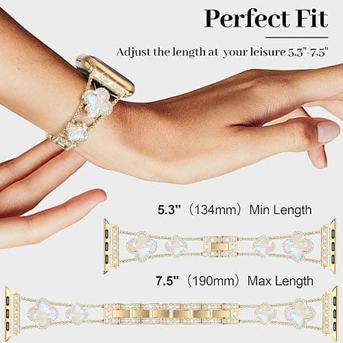 MOINSPIRE Gold Bling Diamond Clover Bands Women Compatible with Apple Watch 40mm 38mm 41mm 42mm(S10) Lucky Cute Sparkle Dressy Bracelet Metal Strap for iWatch Series SE/10/9/8/7/6/5/4/3/2/1 thumbnail 6