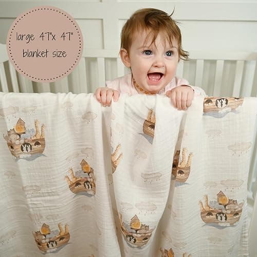 LollyBanks Muslin Swaddle Blanket | 100% Muslin Cotton | Gender Neutral Newborn and Baby Nursery Essentials for Girls and Boys, Registry | Noah's Ark Print thumbnail 4