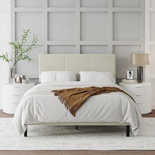 IOILORI Full Bed Frame, Full Size Platform Bed Frame with Upholstered Headboard, Sturdy Wood Slats, No Box Spring Required, Silent, Easy Assembly, Beige - Image 1