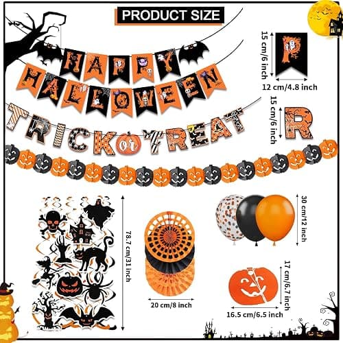 Happy Halloween Trick or Treat Banner Paper Fan Balloons & Swirl Streamers Goul Bat Cat Bird Ghost Pumpkin Lantern for Party Decorations thumbnail 3