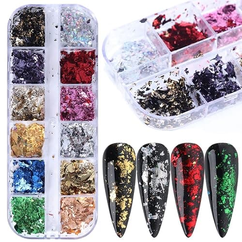 Holographic Nail Glitter Foils, 12 Colors Sparkly Ultra-Thin Aluminum Foil Nail Art Flakes Design, Laser Nail Sequins Acrylic Supplies for Women Girls Manicure Charms Decorations, DIY 3D Nail Art Tips thumbnail 6