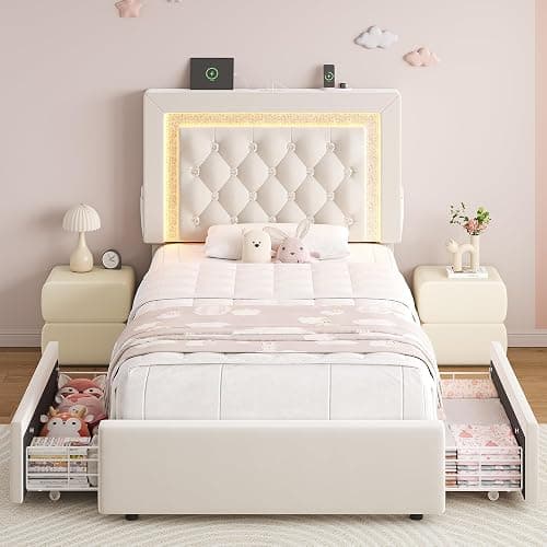 Twin Bed Frame with Storage Drawers and LED Lights, Velvet Upholstered Platform Bed with Diamond Headboard and Charging Station for Kids/Girls, Solid Wood Slats Support, No Box Spring Needed, Beige thumbnail 3