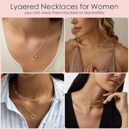 Poxtex Layered Gold Necklaces for Women,Stackable Dainty 14K Gold Silver Plated Trendy Circle Paperclip Chain Pendant Choker Necklace,Simpl Diamond Cross Bow Jewelry Set Gifts for Women thumbnail 5