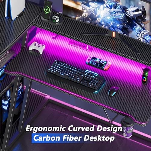 Korfile 40 Inch Gaming Desk with Power Outlet & LED Lights, L Shaped Computer Gaming Table with 3 Tiers Storage Shelves, Corner Gamer Desk with Monitor Stand for Small Space, Carbon Fiber Black | L Shaped Computer Gaming Table, Corner Gamer Table, with 3 Tiers Storage Shelves, with Moniter Stand, for Small Space thumbnail 8