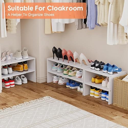 2-Tier Expandable White Shoe Rack Organizer for Closet, Stackable Shoe Rack Storage Shelf, Small Iron Wood Combination Shoe Shelves for Closets,Entryway,Front Door, Narrow Space,Hallway,6-12 Pairs thumbnail 9