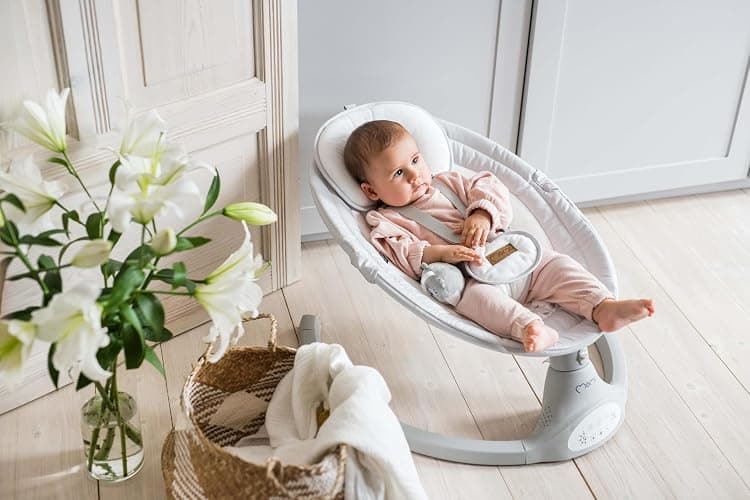 MoMi KENANI Transat balancelle jusqu’à 9 kg, pliable, télécommande et Bluetooth pour smartphone, alimentation piles et secteur, harnais de sécurité 5 points, pare-soleil, moustiquaire thumbnail 20