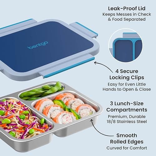 Bentgo Stainless Steel Lunch Box - Leak-Proof, 3 Compartments, 4.3-Cup Capacity, Ideal for Kids 3+, Teens & Adults, Durable, Reusable (Navy) thumbnail 5