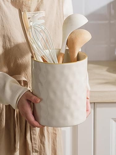 famiware Ocean Utensil Holder, 7.2"+5.8" Ceramic Kitchen Utensil Holder for Countertop, Cooking Utensil Crocks, Utensil Organizer for Spatula & Spoon, Kitchen Decor, Set of 2, Vanilla White - Vanilla White thumbnail 4