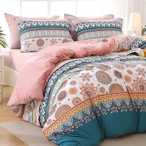 MUXHOMO Bed in a Bag Queen 7 Pieces, Queen Comforter Set Reversible Bohemian Botanical Flowers Design, Ultra Soft & Breathable Bedding Sets with Comforter, Sheets, Pillowcases & Shams thumbnail 3