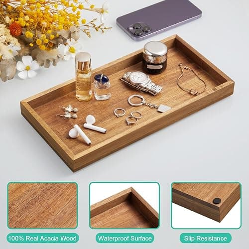 ALELION 13" Bathroom Vanity Tray for Counter - Acacia Wood Decorative Tray for Toilet Tank Makeup Perfume Jewelry Catchall Coffee Table - Wooden Kitchen Countertop Organizer for Soap Dispenser thumbnail 5