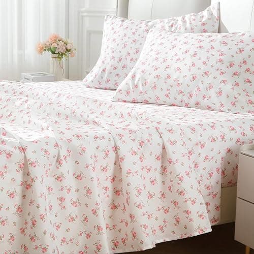 MUXHOMO Queen Size 4 Piece Sheet Set, Soft Breathable Bed Sheet Set for Bedroom with Deep Pocket Up to 16", Wrinkle-Free & Cooling Bedding for Oeko-TEX Certified - Blossoms Pink thumbnail 7