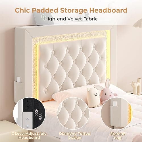 Twin Bed Frame with Storage Drawers and LED Lights, Velvet Upholstered Platform Bed with Diamond Headboard and Charging Station for Kids/Girls, Solid Wood Slats Support, No Box Spring Needed, Beige thumbnail 4