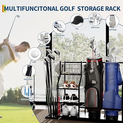 GarveeLife Golf Bag Organizer, Sports Equipment Organizer, Sports Organizer for Garage, Golf Bag Stand for Garage with Baskets, Hooks thumbnail 4
