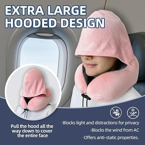 Travel Pillow with Extra Large Hood for Airplane Long Flights Privacy and Comfort Memory Foam with Velvet Cover for Road Trip Head&Neck Support for Plane Office Cars Sleeping & Rest (Pink) thumbnail 2