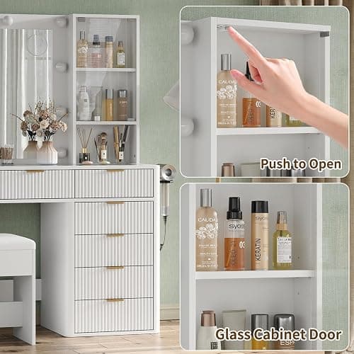 Yanosaku 47" Fluted Vanity Desk with Mirror & LED Lights, 7-Drawer Makeup Vanity with Glass Top & Cabinet, Vanity with Chair & Charging Station, 3 Lighting Modes, for Bedroom, White thumbnail 7