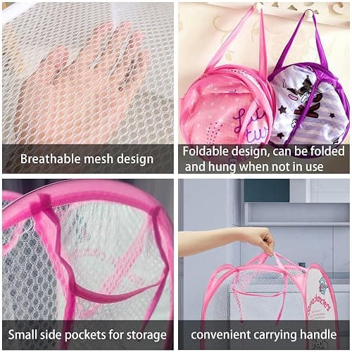 Cute Mesh Popup Laundry Hamper with Carry Handles, Large Capacity Foldable Lightweight Dirty Clothes Basket for Girls Room, Dorm | Travel & Camping thumbnail 5