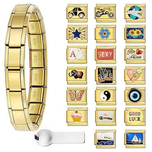 Double Fair Italian Charm Bracelet with 10 or 20 Charms, Stainless Steel Adjustable DIY Charm Bracelet for Women & Men, Includes Opener Tool – Gold or Silver Options, 6.75 inch, Stainless Steel, No - Image 1