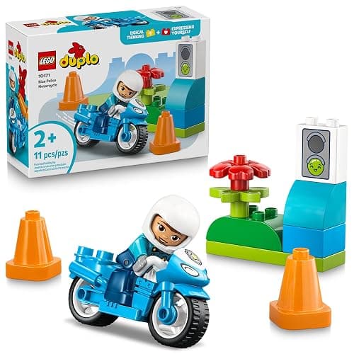 LEGO DUPLO Town Blue Police Motorcycle Building Toy for Toddlers - Pretend Play Set & Learning Toy for Boys & Girls, Ages 2+ - Building Blocks for Motor Skills Practice - Gift for Birthdays - 10471 - Image 1