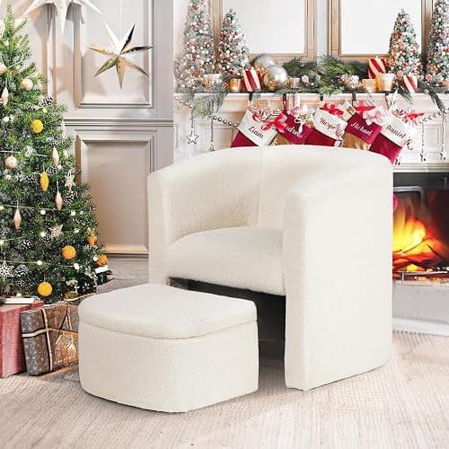 COLAMY Upholstered Sherpa Barrel Accent Chair with Storage Ottoman, Morden Living Room Side Chair, Single Sofa Armchair with Lounge Seat for Bedroom/Office/Reading Spaces, Cream thumbnail 7