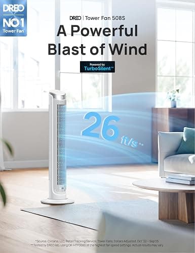 DREO Smart Tower Fan for Bedroom, 90° Oscillating Fan, 26ft/s Wind, 28dB | 5 speeds 4 modes, Quiet Floor Fans for Room , 12H timer, Remote/APP & Voice Control, Standing Fans that Blow Cold Air, White thumbnail 2